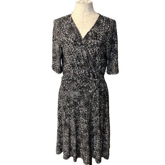 Ralph Lauren Wrap Dress 14 Short Sleeve Black Ivory Stretch Career Washable - Picture 1 of 8